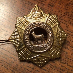 May include: A gold-coloured metal badge with a crown on top and a deer in the centre. The badge has the words "SASKATCHEWAN" and "ROYAL" around the deer.