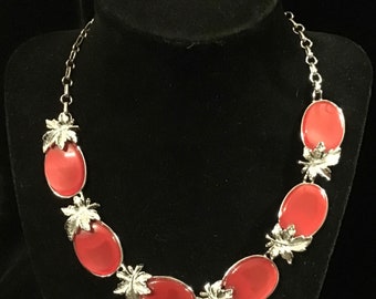 Coro Red Thermoset and Silver Tone Leaf Necklace