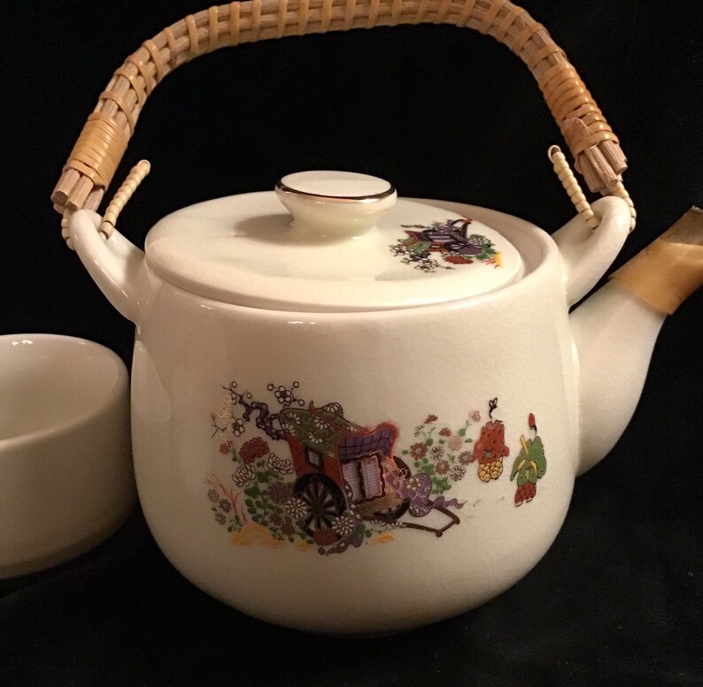 Japanese Porcelain Teapot With Wicker Handle and Cups Capilano Etsy