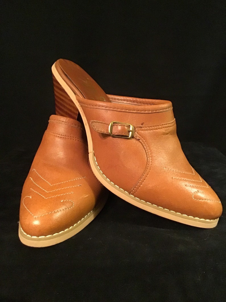 Pair Brown Leather Mules With Topstitching Pierre Fortin Montreal 5 12