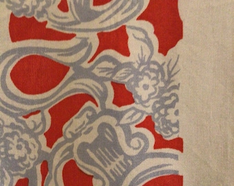 Red Gray Ivory MCM Rayon Blend Tablecloth