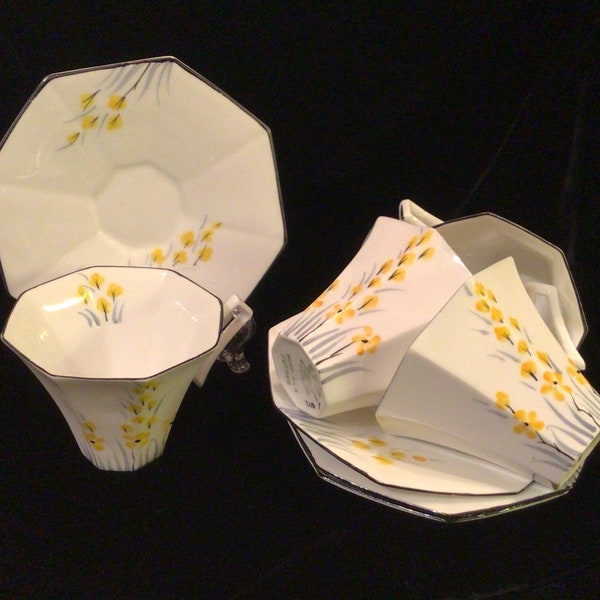 Melba Bone China Handpainted Art Deco Octagon Cups and Saucers Yellow Black White