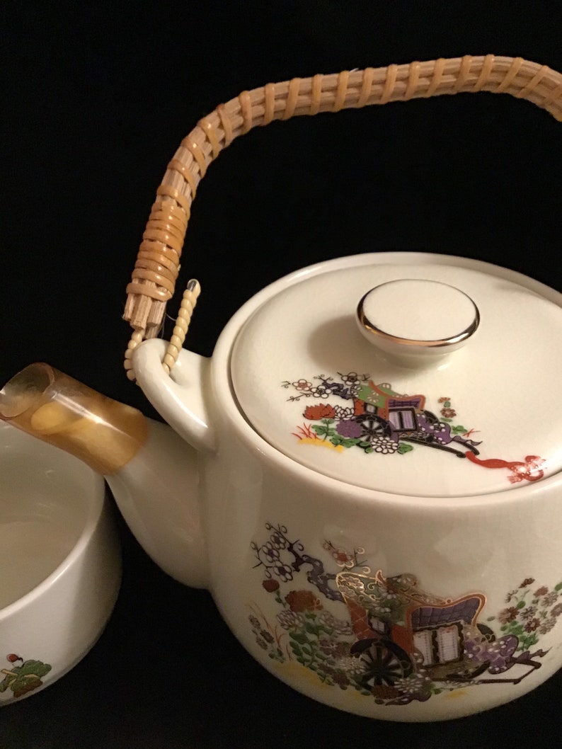 Japanese Porcelain Teapot With Wicker Handle and Cups Capilano Etsy