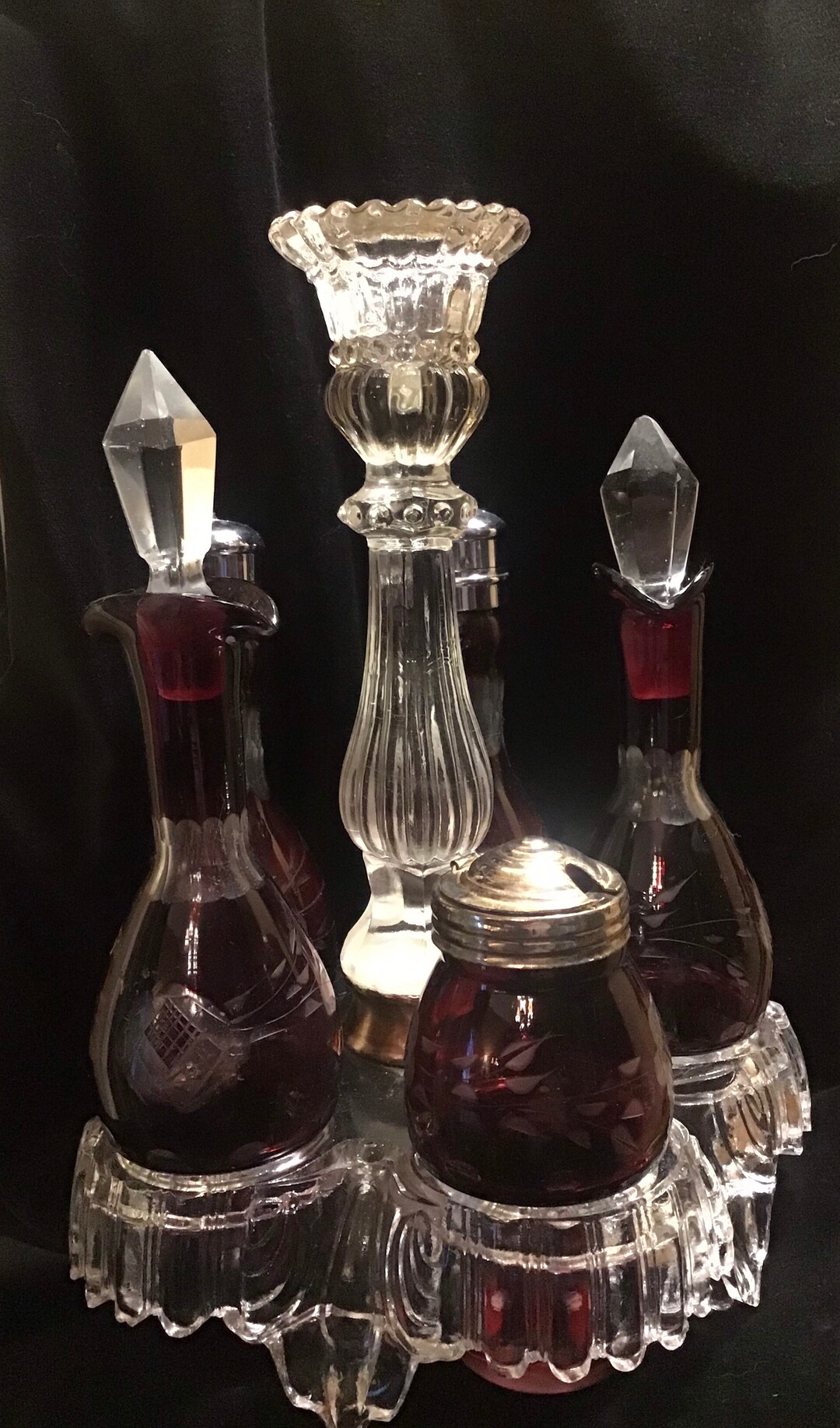 Etched Cranberry Glass Cruet Set Etsy