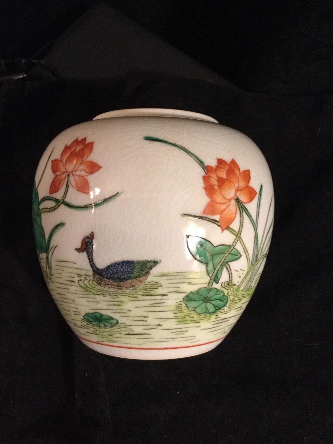 Handpainted Hu Hong Kong on Blank Body From Japan Jar Lotus Flowers and