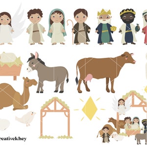 May include: A set of colorful illustrations depicting the Nativity scene. The set includes a manger, a donkey, a cow, a camel, a sheep, a bird, a star, a stable, and several figures including Mary, Joseph, baby Jesus, angels, and wise men.