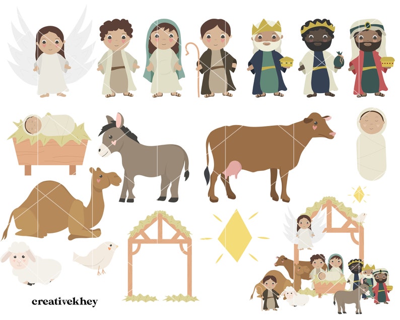 May include: A set of colorful illustrations depicting the Nativity scene. The set includes a manger, a donkey, a cow, a camel, a sheep, a bird, a star, a stable, and several figures including Mary, Joseph, baby Jesus, angels, and wise men.
