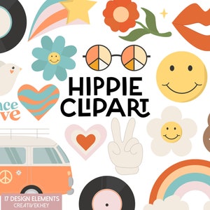 K&ouml;nnte beinhalten: Ein Set mit 17 digitalen Clipart-Bildern im Retro-Hippie-Stil der 1970er Jahre. Die Bilder beinhalten ein Peace-Zeichen, einen Regenbogen, eine Blume, ein Herz, ein Smiley, eine Gitarre, einen Bus, eine Schallplatte, einen Stern, eine Friedenstaube, eine Sonnenbrille, eine Peace-Handgeste und die Worte "peace love".