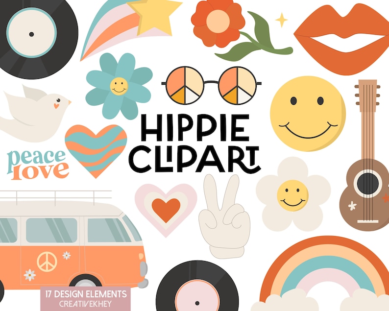 K&ouml;nnte beinhalten: Ein Set mit 17 digitalen Clipart-Bildern im Retro-Hippie-Stil der 1970er Jahre. Die Bilder beinhalten ein Peace-Zeichen, einen Regenbogen, eine Blume, ein Herz, ein Smiley, eine Gitarre, einen Bus, eine Schallplatte, einen Stern, eine Friedenstaube, eine Sonnenbrille, eine Peace-Handgeste und die Worte "peace love".