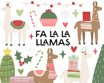 Christmas Llama Clipart, Fa La La Llama, Cute Christmas Clipart, Alpaca Christmas