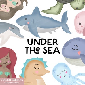 Under the Sea, Sea Animals Clipart, Mermaid Clipart, Dolphin, Sea turtle, Shark, Seahorse