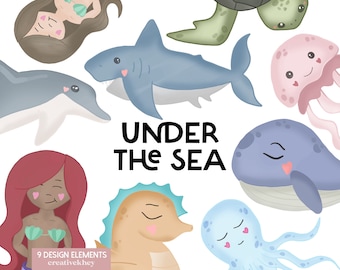 Under the Sea, Sea Animals Clipart, Mermaid Clipart, Dolphin, Sea turtle, Shark, Seahorse