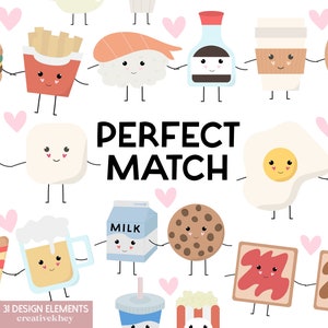 Perfect Match Clipart, Clipart de nourriture Kawaii, Clipart de nourriture mignon, Meilleurs amis, Clipart d’amour
