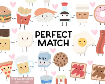 Perfect Match Clipart, Kawaii Food Clipart, Cute Food clipart, Best friends, Love clipart