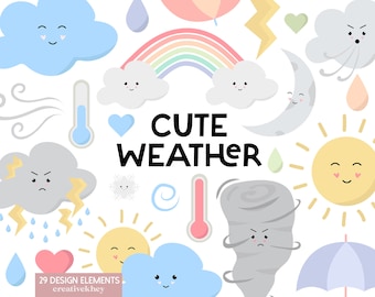 Cute Weather Clipart, Kawaii Weather, Rain Clipart, Rainbow clipart, Weather Clip Art, Tornado Clipart, Cloud Clipart