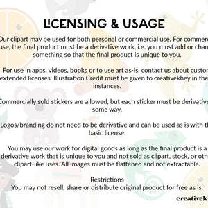 May include: A digital illustration of licensing and usage guidelines for clipart. The text explains that clipart can be used for both personal and commercial use, but commercial use requires the final product to be a derivative work. The text also mentions that commercially sold stickers are allowed, but each sticker must be derivative in some way. Logos and branding do not need to be derivative and can be used as is with the basic license. The text also states that the clipart can be used for digital goods as long as the final product is a derivative work that is unique and not sold as clipart, stock, or other clipart-like uses. All images must be flattened and not extractable. The text also includes restrictions on reselling, sharing, or distributing the original product for free. The text ends with the name "creativekhey".