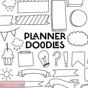 Black and White Planner Doodle Clipart, Doodle Clipart, Hand Drawn Doodles, Bullet Journal Clipart