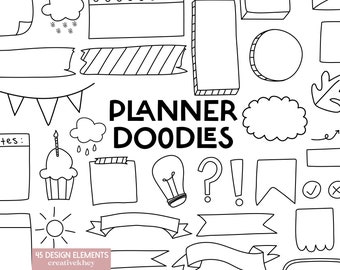 Black and White Planner Doodle Clipart, Doodle Clipart, Hand Drawn Doodles, Bullet Journal Clipart