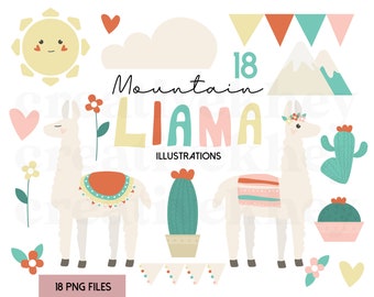 May include: A set of 18 digital illustrations featuring a llama with a colorful saddle, a cactus, a mountain, a sun, a cloud, and hearts. The text "Mountain Llama Illustrations" is included in the image.
