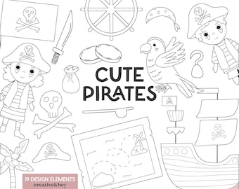 Pirates Black and White Clipart, Cute Pirates Clipart, Pirate Party Clipart, Pirate Ship PNG, Pirate Clipart