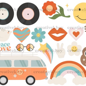K&ouml;nnte beinhalten: Ein Set mit 14 digitalen Clipart-Bildern im Retro-Stil der 1970er Jahre, mit einem Peace-Zeichen, einem Regenbogen, einer Blume, einem Herzen, einem Smiley, einer Taube, einem Bus, einer Gitarre, einer Sonnenbrille, einem Stern, einer Peace-Handgeste, einer Schallplatte und einer Blume mit einem Smiley. Die Bilder sind in verschiedenen Farben gehalten, darunter Orange, Gelb, Blau, Gr&uuml;n, Rot und Wei&szlig;.