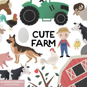 Könnte beinhalten: Süße Farm ist der Titel dieser Illustration mit 18 Bildern von Nutztieren und landwirtschaftlichen Gegenständen.  Die Bilder zeigen einen Traktor, einen Stall, einen Bauern, eine Kuh, ein Schwein, ein Schaf, einen Hahn, ein Huhn, einen Hund, ein Pferd und ein Ei.
