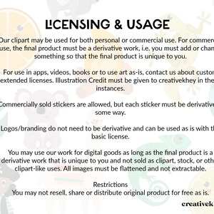 K&ouml;nnte beinhalten: Eine digitale Illustration mit Lizenz- und Nutzungsrichtlinien f&uuml;r Cliparts. Der Text erkl&auml;rt, dass Cliparts sowohl f&uuml;r den pers&ouml;nlichen als auch f&uuml;r den kommerziellen Gebrauch verwendet werden k&ouml;nnen, aber f&uuml;r den kommerziellen Gebrauch muss das Endprodukt ein abgeleitetes Werk sein. Der Text erw&auml;hnt auch, dass kommerziell verkaufte Sticker erlaubt sind, aber jeder Sticker muss in irgendeiner Weise abgeleitet sein. Logos und Branding m&uuml;ssen nicht abgeleitet sein und k&ouml;nnen mit der Basislizenz unver&auml;ndert verwendet werden. Der Text besagt auch, dass die Cliparts f&uuml;r digitale G&uuml;ter verwendet werden k&ouml;nnen, solange das Endprodukt ein abgeleitetes Werk ist, das einzigartig ist und nicht als Clipart, Stock oder andere Clipart-&auml;hnliche Verwendungen verkauft wird. Alle Bilder m&uuml;ssen abgeflacht und nicht extrahierbar sein. Der Text enth&auml;lt auch Einschr&auml;nkungen hinsichtlich des Weiterverkaufs, der Weitergabe oder der kostenlosen Verbreitung des Originalprodukts. Der Text endet mit dem Namen "creativekhey".