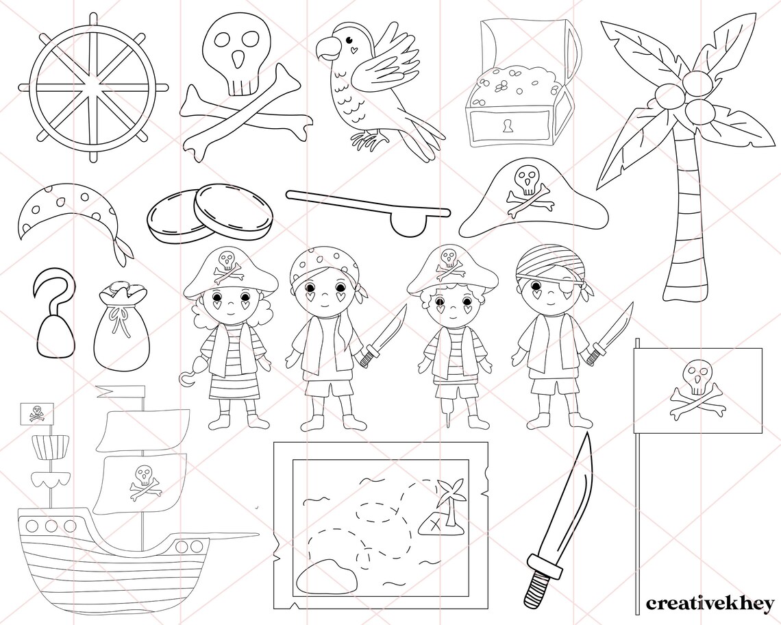 Pirates Black and White Clipart, Cute Pirates Clipart, Pirate Party ...