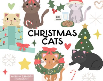 Christmas Cats Clipart, Holiday Cats, Cute Christmas Clipart, Festive Cats