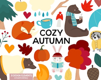 Cozy Autumn Clip Art, Autumn Forest, Fall PNG, Cute Bear Clipart, Hello Autumn, Woodland Animals Clipart