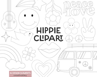 Black and White Hippie Clipart, Groovy Clipart, 60's Clipart, Camper Clipart, 60's Sunglasses clipart, Hippie PNG