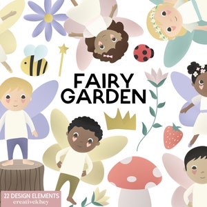 May include: A set of 22 fairy garden design elements, including fairies with wings, flowers, a bee, a mushroom, a ladybug, a crown, and a tree stump. The text "Fairy Garden" is featured in the centre of the image.
