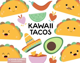 Kawaii Taco Clipart, Cute Tacos Clipart, Kawaii Food