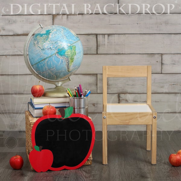 Eerste dag van de basisschool digitale achtergrond/rekwisieten (fotografie prop. digitale prop. schoolopstelling met bord, wereldbol en appels) digitale downloads