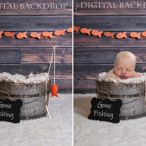 Fishing Newborn Digital Backdrop (Newborn Photography Prop. Newborn Digital Prop. Rustic Bucket, fish rod, gone fishing) Digital Download