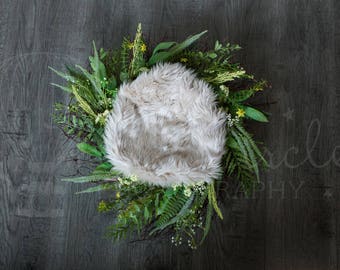 Newborn Digital Backdrop (Newborn Photography Prop. Newborn Digital Prop. Greenery Wreath, faux fur on grey wood Backdrop) Digital Download