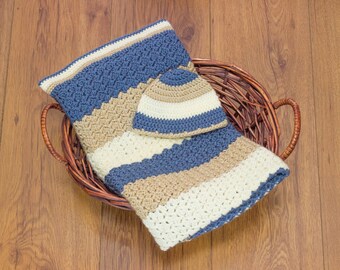 Baby Boy Shower Gift, Blue and Tan Crochet Baby Blanket, Baby Blanket and Hat Set, Baby Boy Blanket Gift Set, 30 in x 36 in