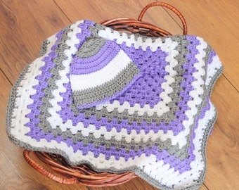 Baby Shower Blanket Gift Set, Purple Gray and White Blanket, Crochet Baby Blanket and Hat Set, Girl Granny Square Blanket, 33 in x 33 in