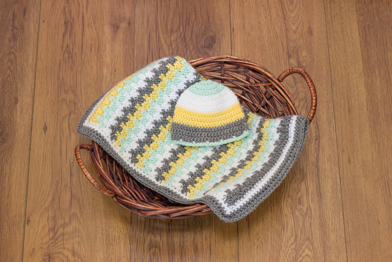 Yellow Mint Gray and White Crochet Baby Blanket and Hat, Car Seat Baby
