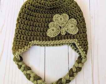 St Patrick's Day Baby Hat, Crochet Shamrock Hat, Green Crochet Hat with Ear Flaps