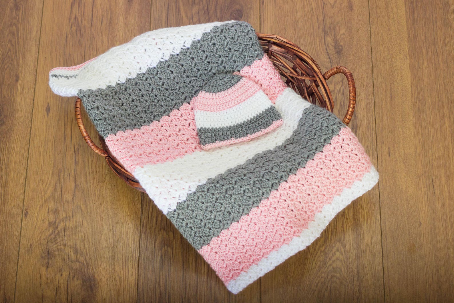 Baby Girl Blanket and Hat Set, Crochet Baby Blanket and Hat Set, Pink