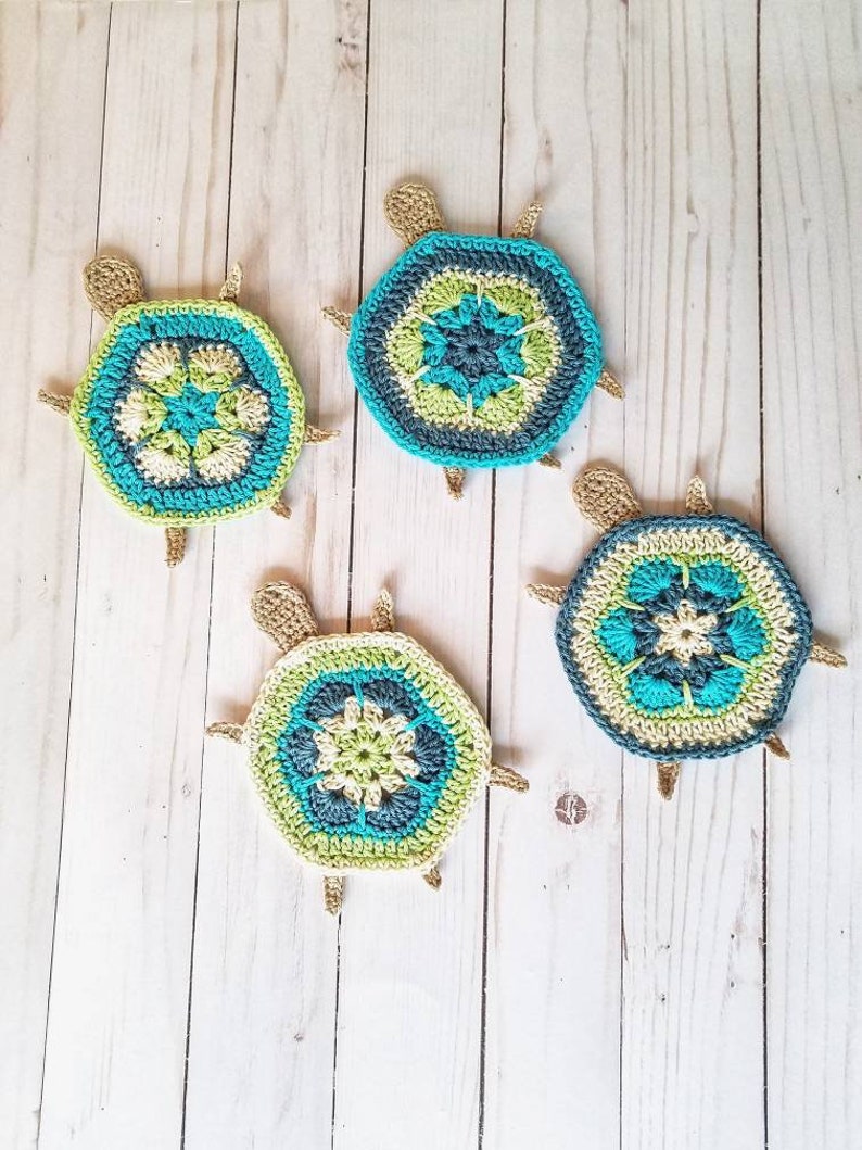 Crochet Turtle Coaster Set of 4 Tropical Turtle Coasters image 1