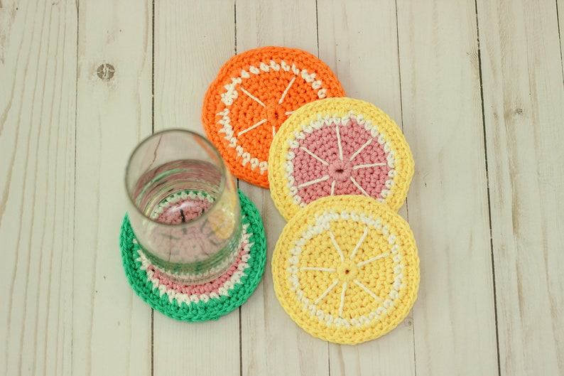 Crochet Fruits Coaster Set, Citrus Drink Coasters, Crochet Summer Coasters, Lemon Coaster, Grapefruit Coaster, Orange Coaster, Watermelon image 1