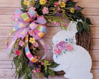 Easter Bunny Door Decor Wreath Wall Hanging Sign Basket Egg FLORAL Swag SPRAY 
