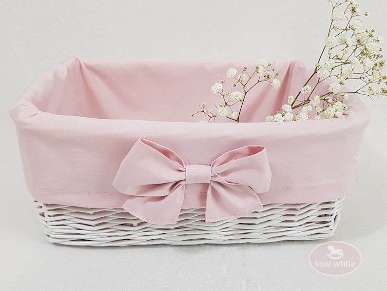 White wicker basket with pink cotton filling with bow baby Etsy