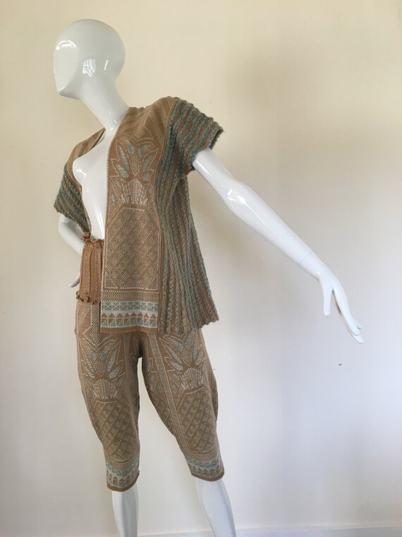 Bill Gibb knitted 2 piece pant suit frill waist de