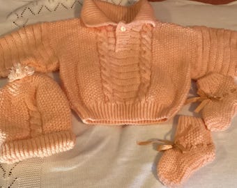 Hand Made Peach Knitted Child's Jumper/Beanie/Booties Set - New