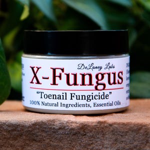 May include: A small jar with a black lid and a white label. The label reads "X-Fungus" in red and black text, with the words "Toenail Fungicide" below. The label also states "100% Natural Ingredients, Essential Oils."
