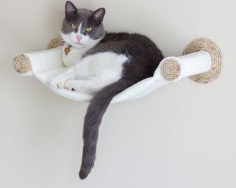 Cat Hammock, Cat Tree, Cozy Cat Bed - Unique Gift for Cat Lover, Wall Mounted Cat Shelf, Perch, Cat Hammock Neutral - Cream