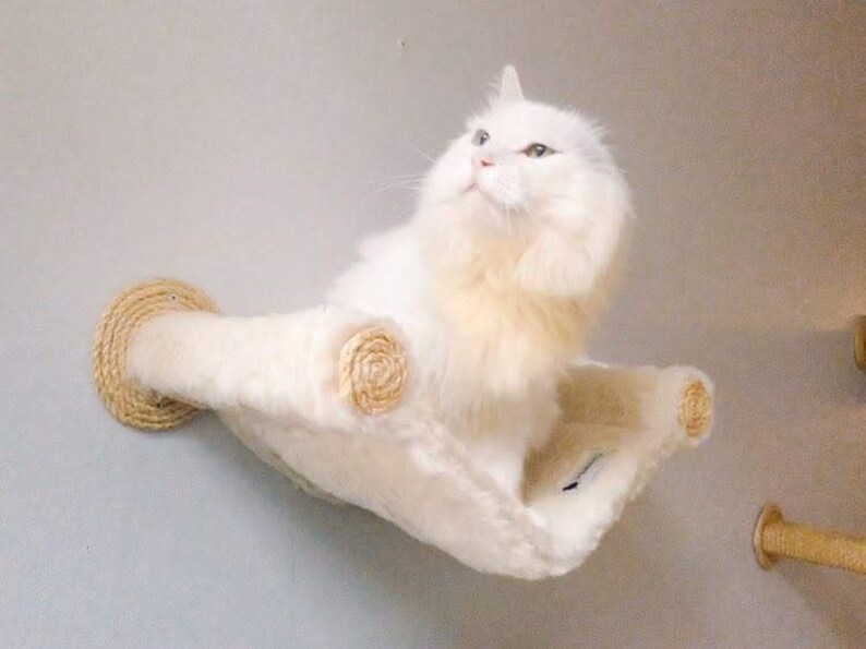 Cream New Faux Fur Cat Hammock with Two Sisal Steps